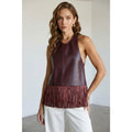 Georgia - Faux Leather Halter Top with Fringe Hem and Open Back