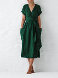 Kayla - Linen Wrap Midi Dress Style Casual Summer Wear