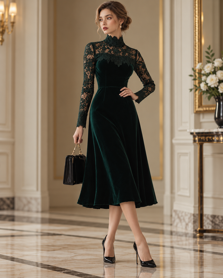 Juliet - Velvet Midi Dress with Lace Sleeves and High Neckline