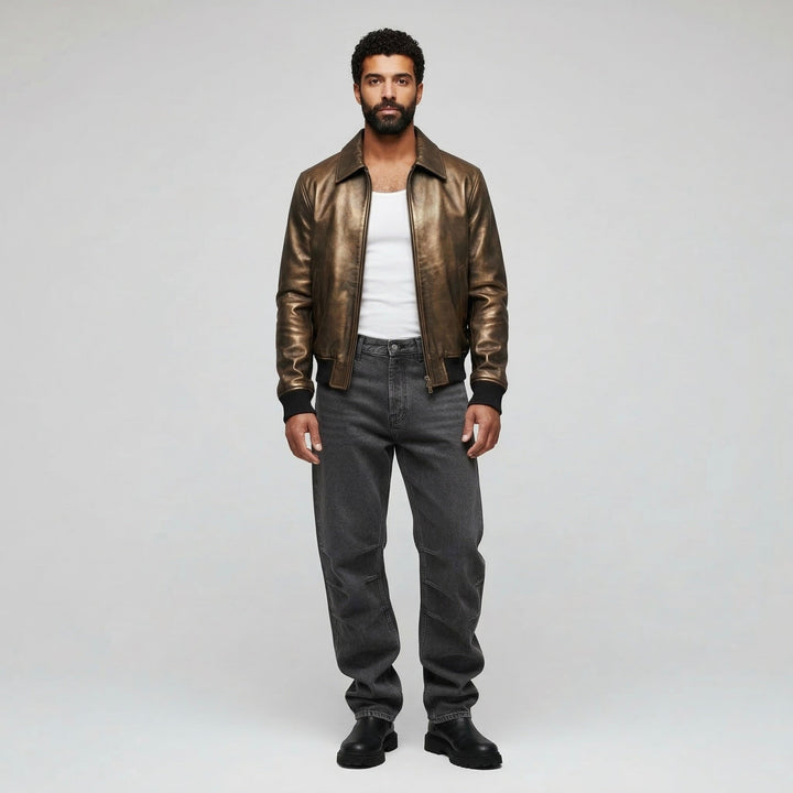 Zip-Up Leather Bomber Jacket