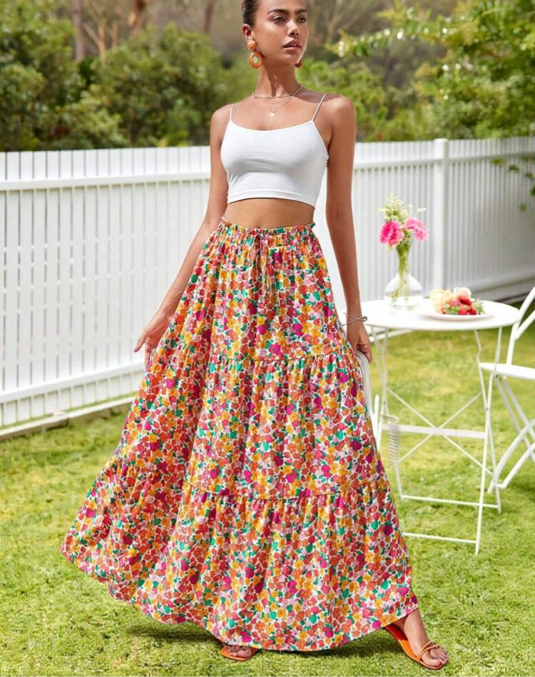 Megan - A-Line Floral Maxi Skirt Bohemian Rayon Casual Summer Wear Tiered Ruffle Lightweight