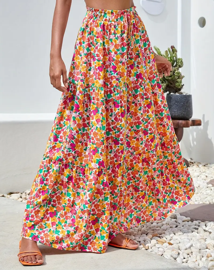 Megan - A-Line Floral Maxi Skirt Bohemian Rayon Casual Summer Wear Tiered Ruffle Lightweight