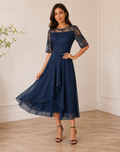 Women's Lace Overlay Midi Dress – Cocktail Dress, Wedding Guest & Party