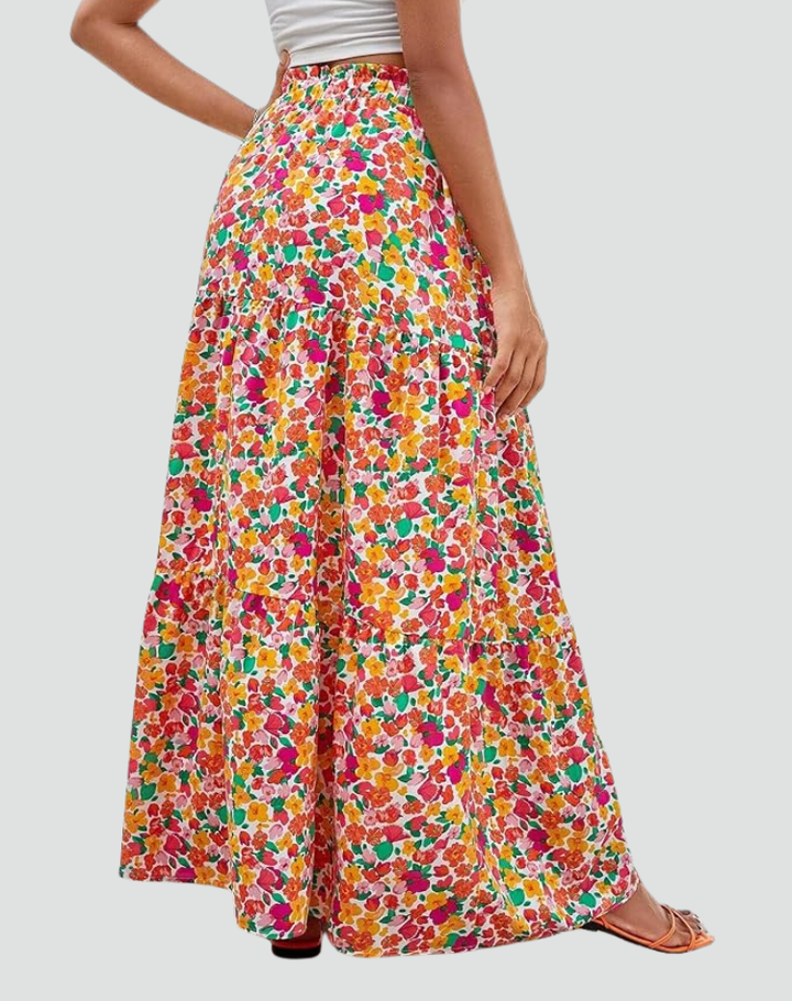 Megan - A-Line Floral Maxi Skirt Bohemian Rayon Casual Summer Wear Tiered Ruffle Lightweight