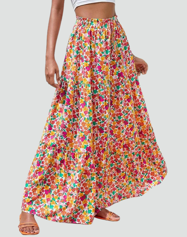 Megan - A-Line Floral Maxi Skirt Bohemian Rayon Casual Summer Wear Tiered Ruffle Lightweight