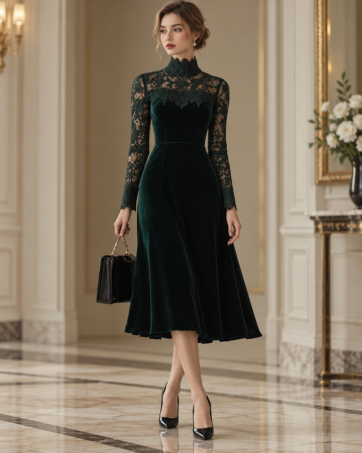 Juliet - Velvet Midi Dress with Lace Sleeves and High Neckline