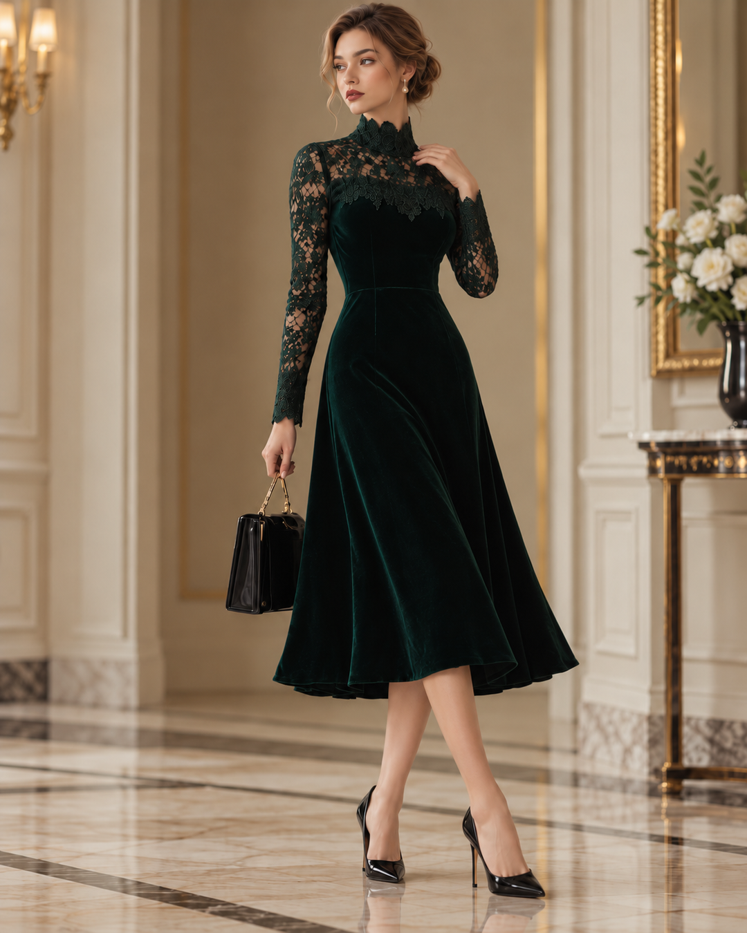 Juliet - Velvet Midi Dress with Lace Sleeves and High Neckline