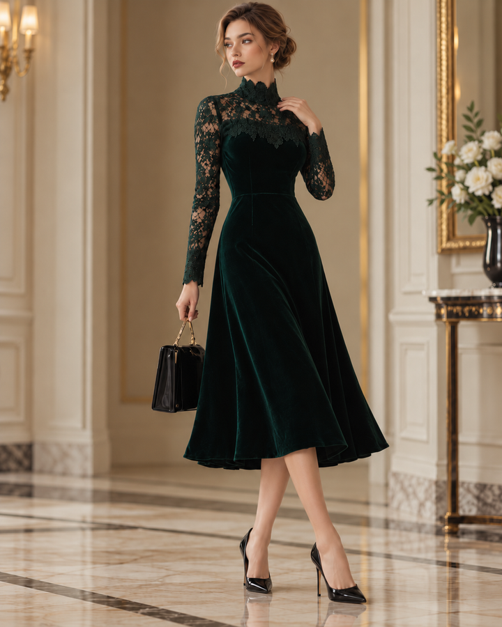 Juliet - Velvet Midi Dress with Lace Sleeves and High Neckline
