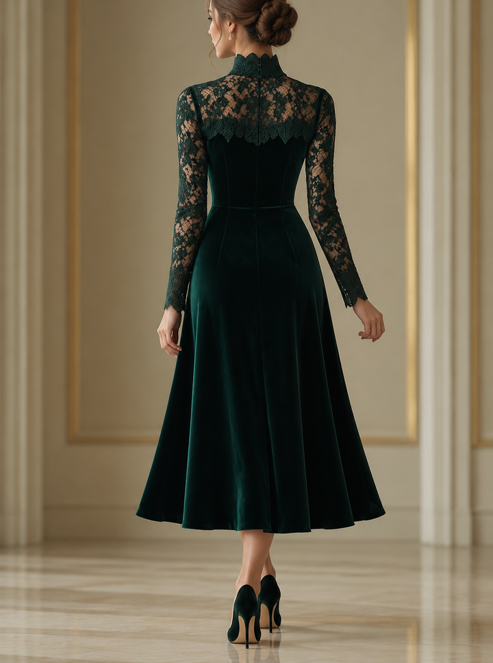 Juliet - Velvet Midi Dress with Lace Sleeves and High Neckline