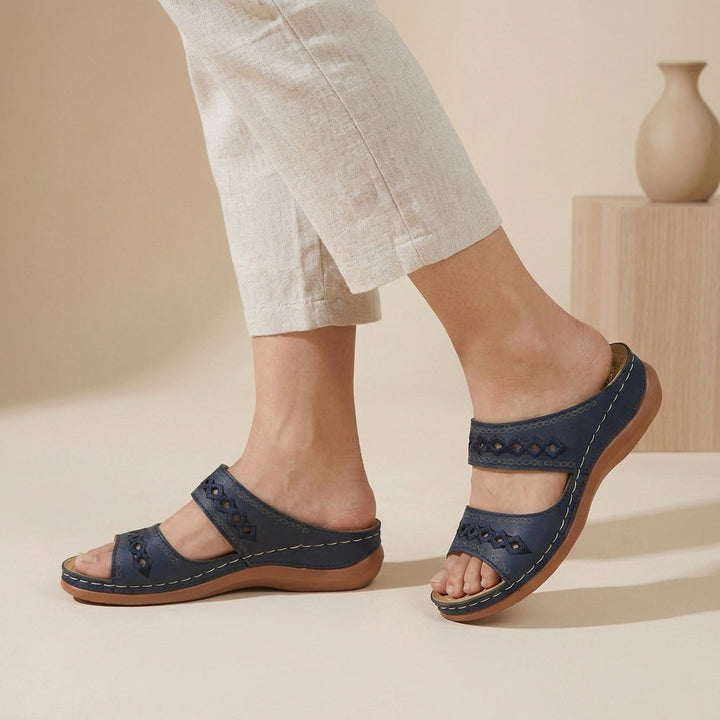 Orthopaedic double strap laser-cut sandals in Navy Blue, front view