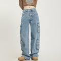 Baggy Cargo Jeans with Wide Legs and Flap Pockets for Women