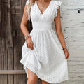 Ava - Breezy Eyelet Midi Dress with V-Neck for Wedding Guest Attire