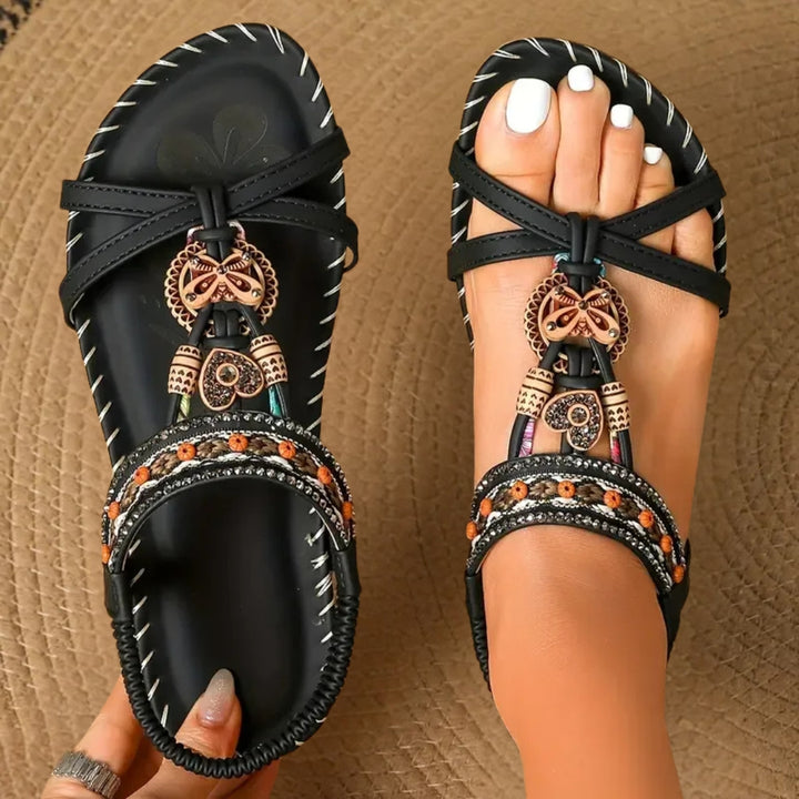 Pearl embellished elastic strap flat sandals, top-down view