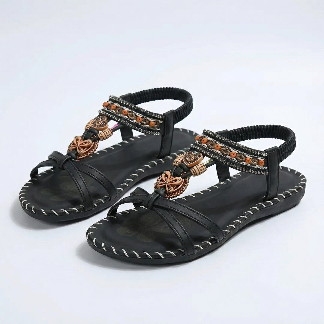 Pearl elastic strap sandals styled with maxi dress, lifestyle
