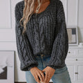 Cozy Cable-Knit Sweater with V-Neck and Balloon Sleeves for Women
