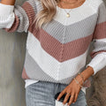 Cozy Colorblock Chevron Knit Sweater with Round Neck for Women