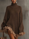 Cozy Lace-Trimmed Turtleneck Sweater Dress with Ruffle Hem for Women