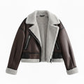Cropped Oversized Faux Fur Lined Aviator Jacket with Lapel Collar for Women