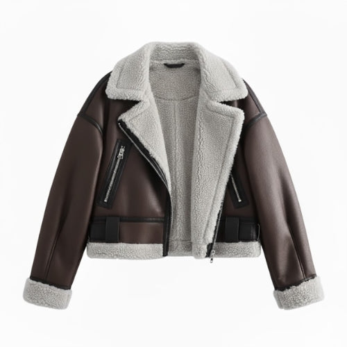 veste courte femme doublée de fourrure, coloris marron, vue de face