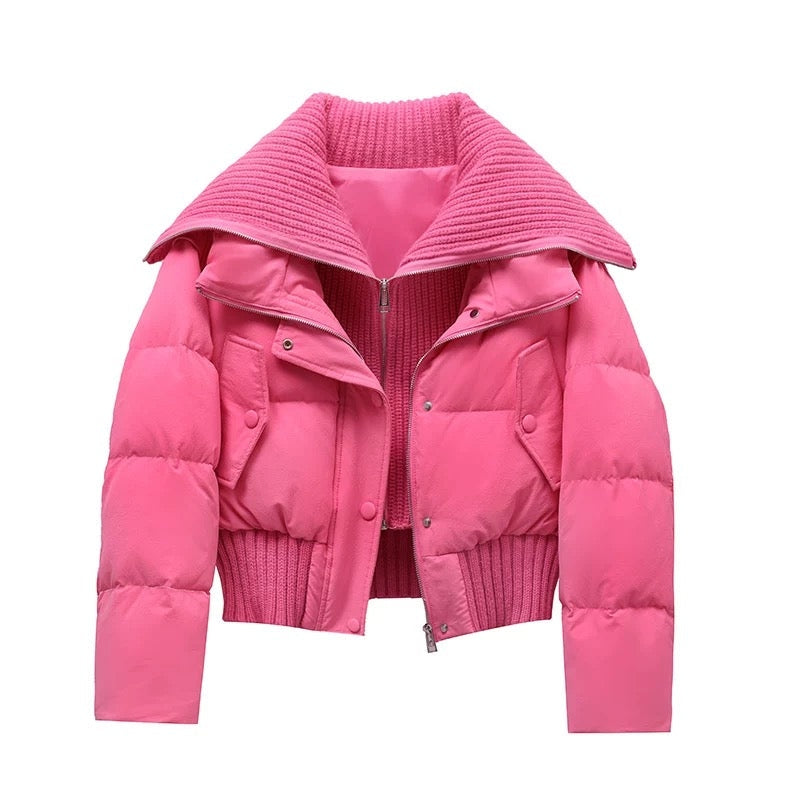 roze korte puffer jas dames met gebreide omslagkraag