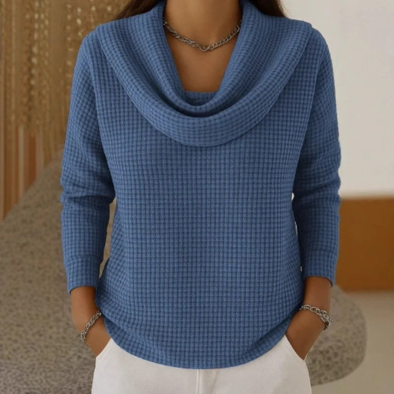 Thessaly | Women's Cowl Neck Waffle Knit Sweater - Teal - Image 2