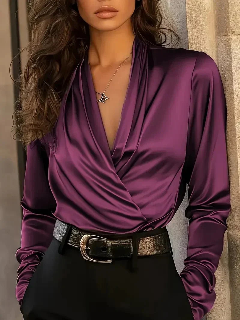 Draped Satin Wrap Blouse with Pleated V-Neck and Long Sleeves for Women