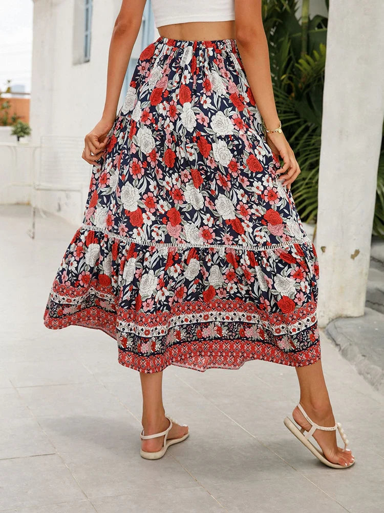 Boho lace-up maxi skirt showing flowing A-line silhouette, side view