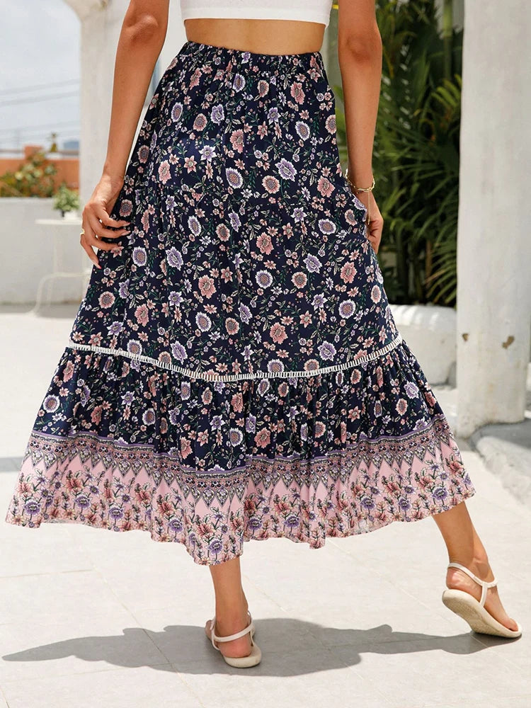 Close-up of lace-up detail on high waist boho floral skirt