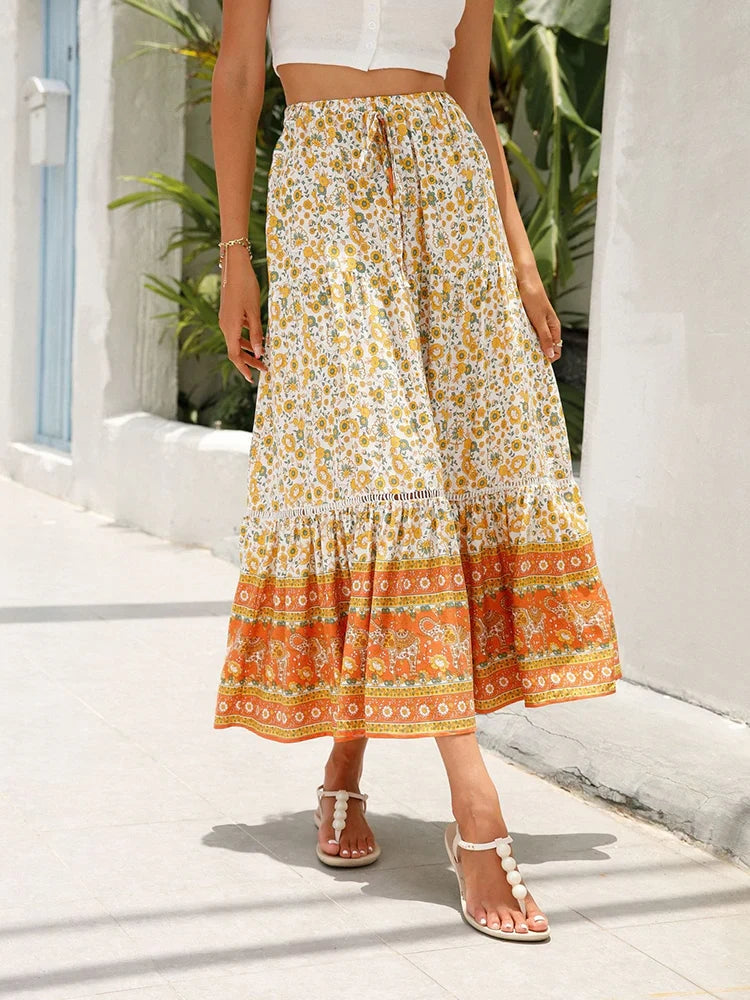 Floral boho lace-up long skirt, back view
