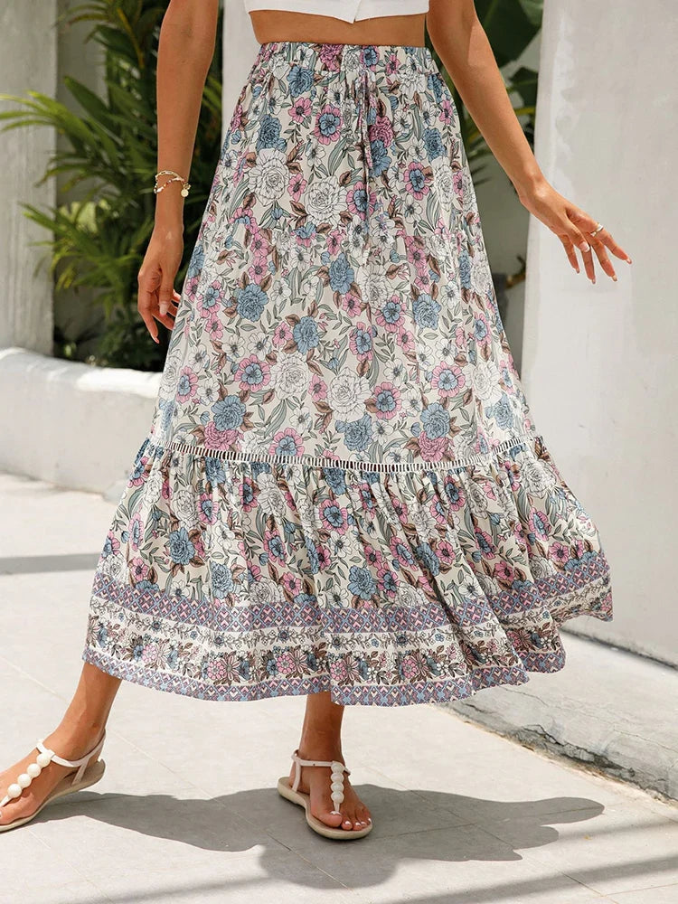 High waist boho lace-up long skirt in blue, full-length front view
