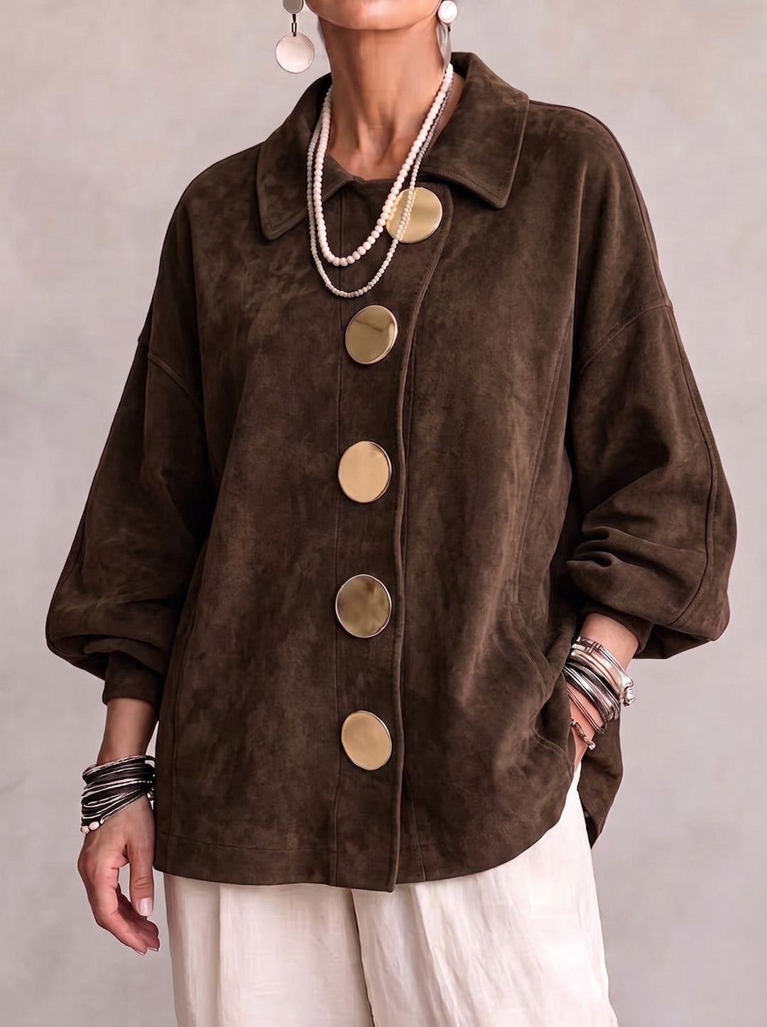 Faux Suede Drop-Shoulder Shacket with Asymmetric Button Placket for Women