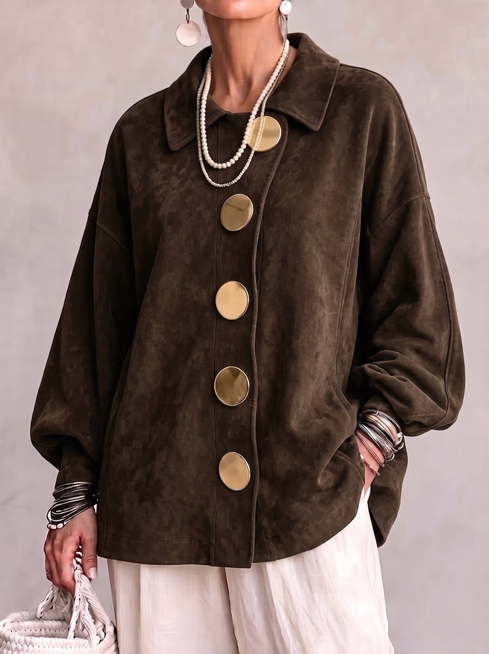 Faux Suede Drop-Shoulder Shacket with Asymmetric Button Placket for Women