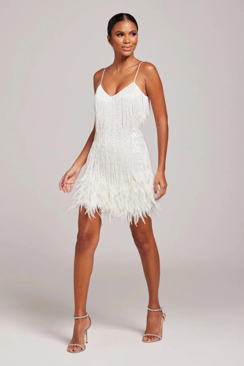 Fitted Feather Fringe Party Mini Dress with Spaghetti Straps for Women