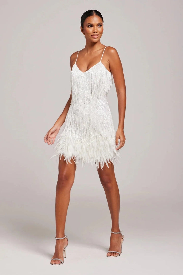 Fitted Feather Fringe Party Mini Dress with Spaghetti Straps for Women