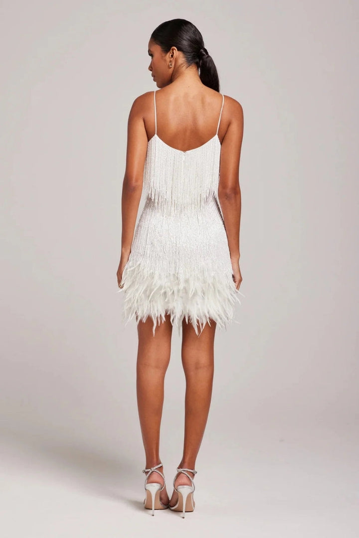 Fitted Feather Fringe Party Mini Dress with Spaghetti Straps for Women