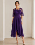 Fitted Lace Bodice Midi Dress with 3/4 Sleeves and High-Low Hem for Women