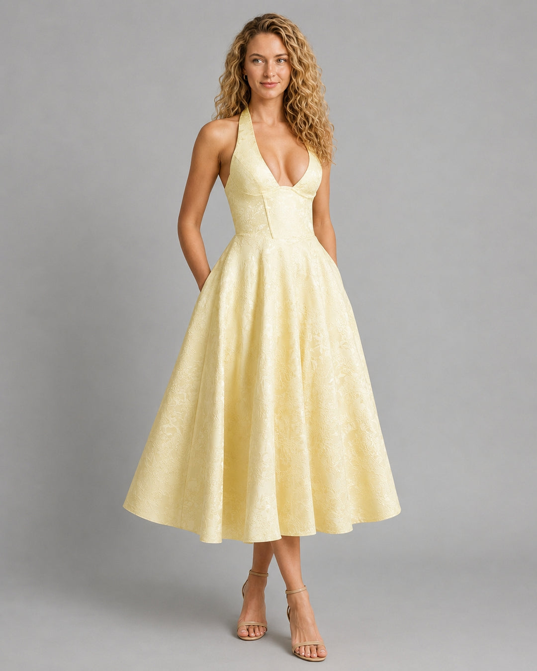 Flared Floral Jacquard Wedding Guest Midi Dress with Halter Neck for Women