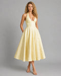 Flared Floral Jacquard Wedding Guest Midi Dress with Halter Neck for Women