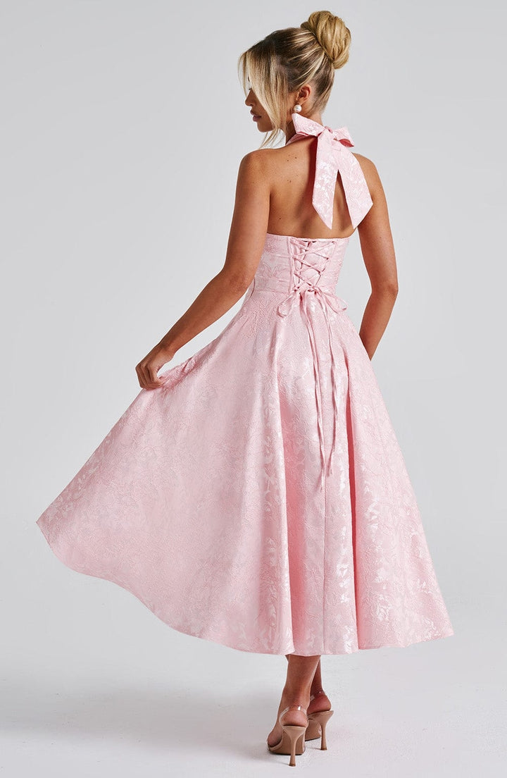 Flared Floral Jacquard Wedding Guest Midi Dress with Halter Neck for Women