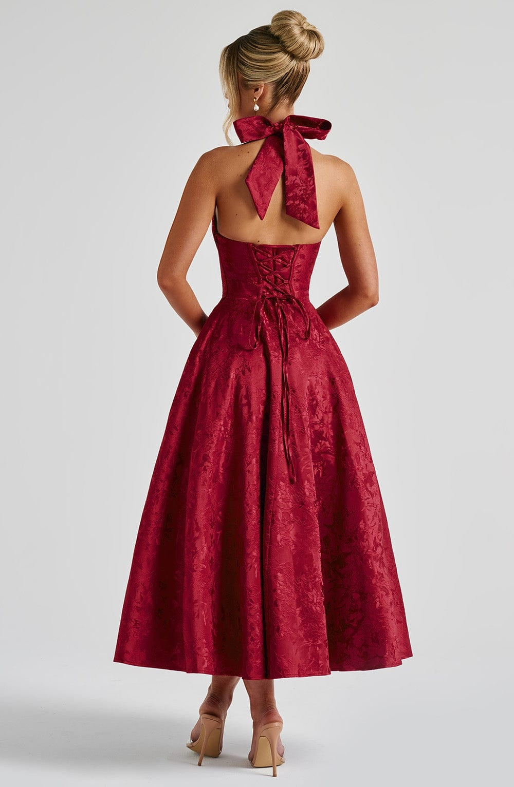 Flared Floral Jacquard Wedding Guest Midi Dress with Halter Neck for Women