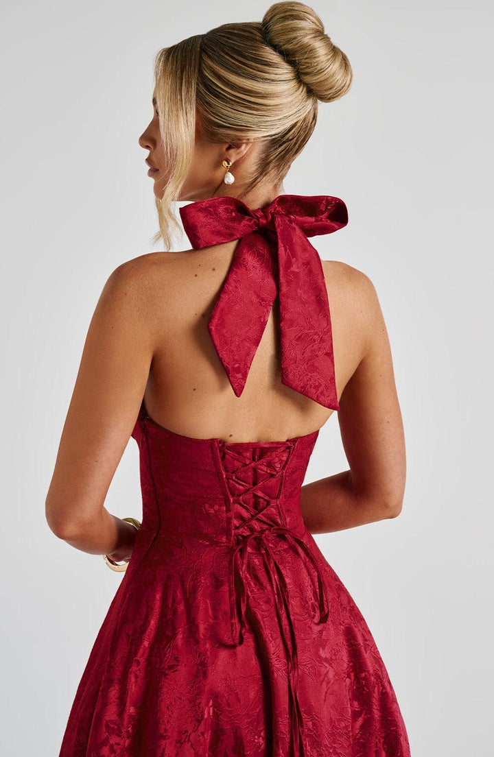 Flared Floral Jacquard Wedding Guest Midi Dress with Halter Neck for Women