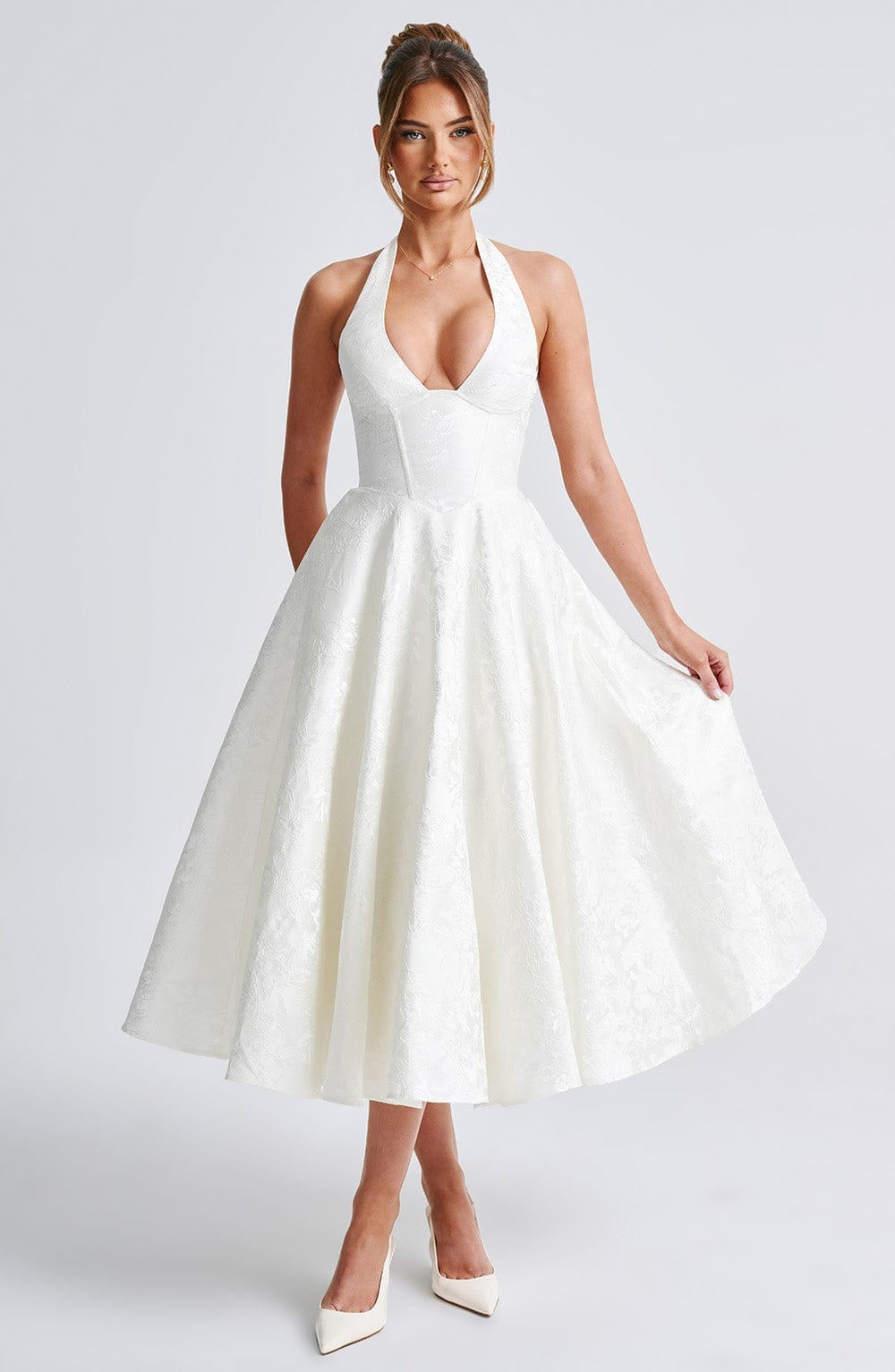 Flared Floral Jacquard Wedding Guest Midi Dress with Halter Neck for Women