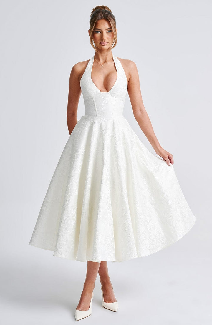 Flared Floral Jacquard Wedding Guest Midi Dress with Halter Neck for Women
