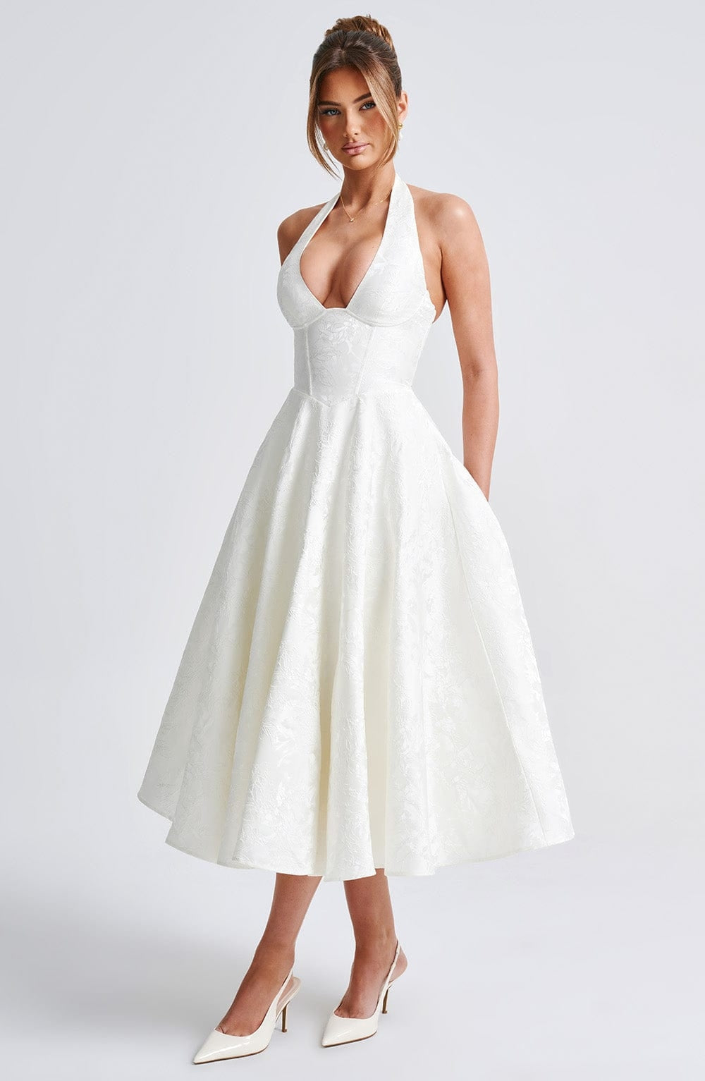 Flared Floral Jacquard Wedding Guest Midi Dress with Halter Neck for Women
