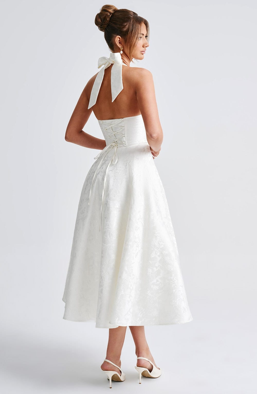 Flared Floral Jacquard Wedding Guest Midi Dress with Halter Neck for Women
