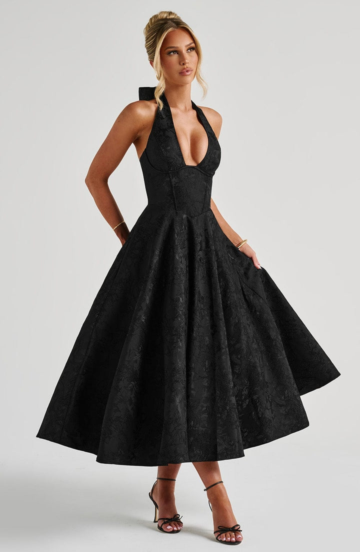 Flared Floral Jacquard Wedding Guest Midi Dress with Halter Neck for Women