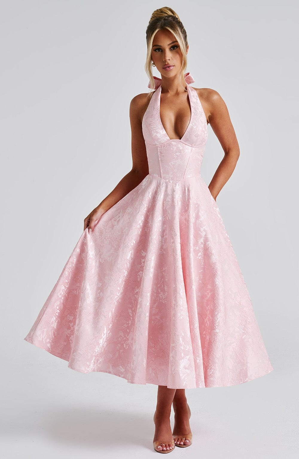 Flared Floral Jacquard Wedding Guest Midi Dress with Halter Neck for Women