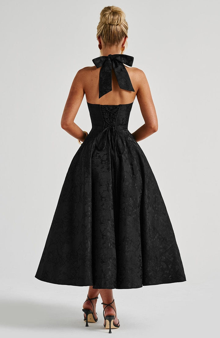 Flared Floral Jacquard Wedding Guest Midi Dress with Halter Neck for Women