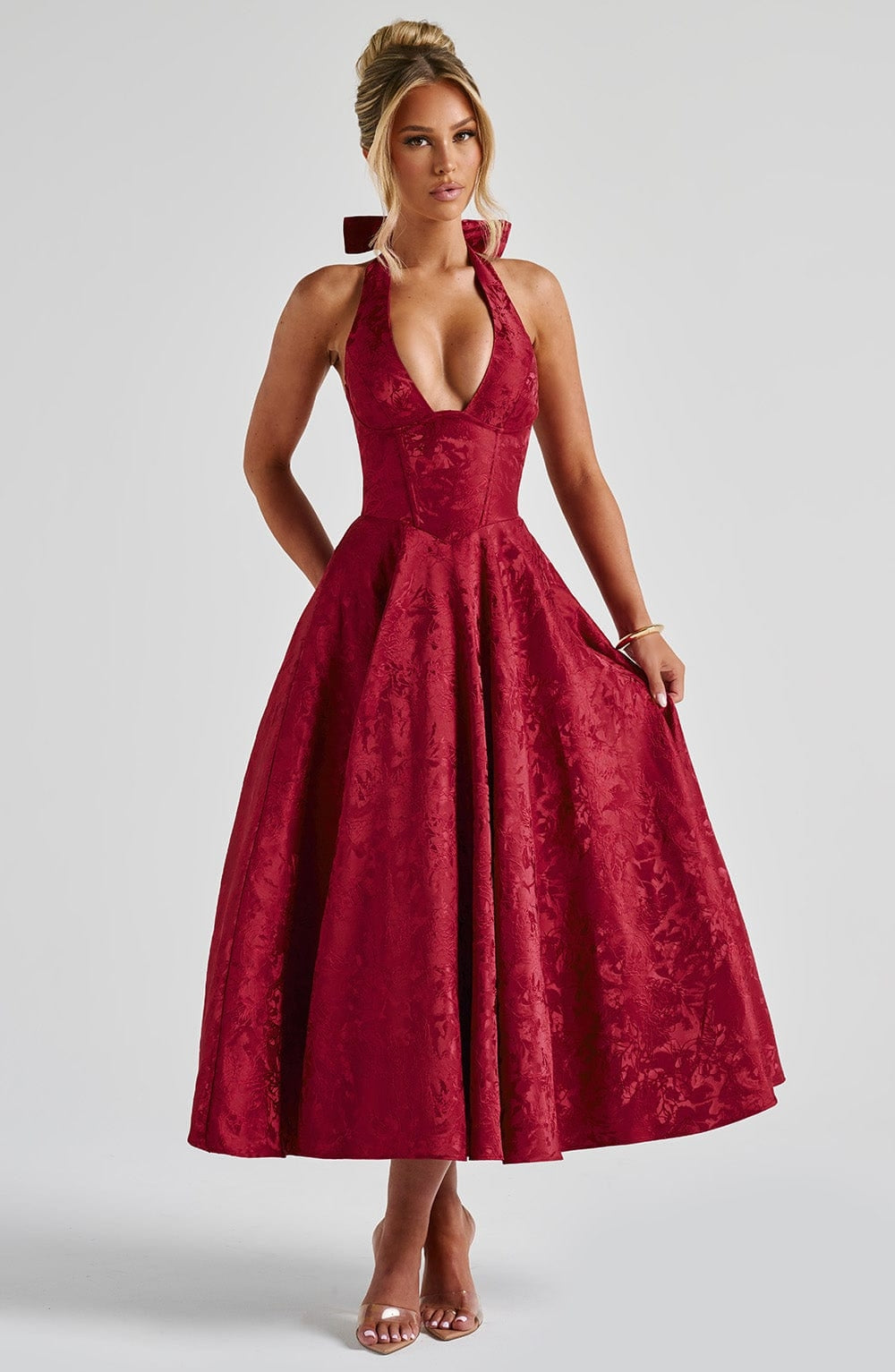 Flared Floral Jacquard Wedding Guest Midi Dress with Halter Neck for Women
