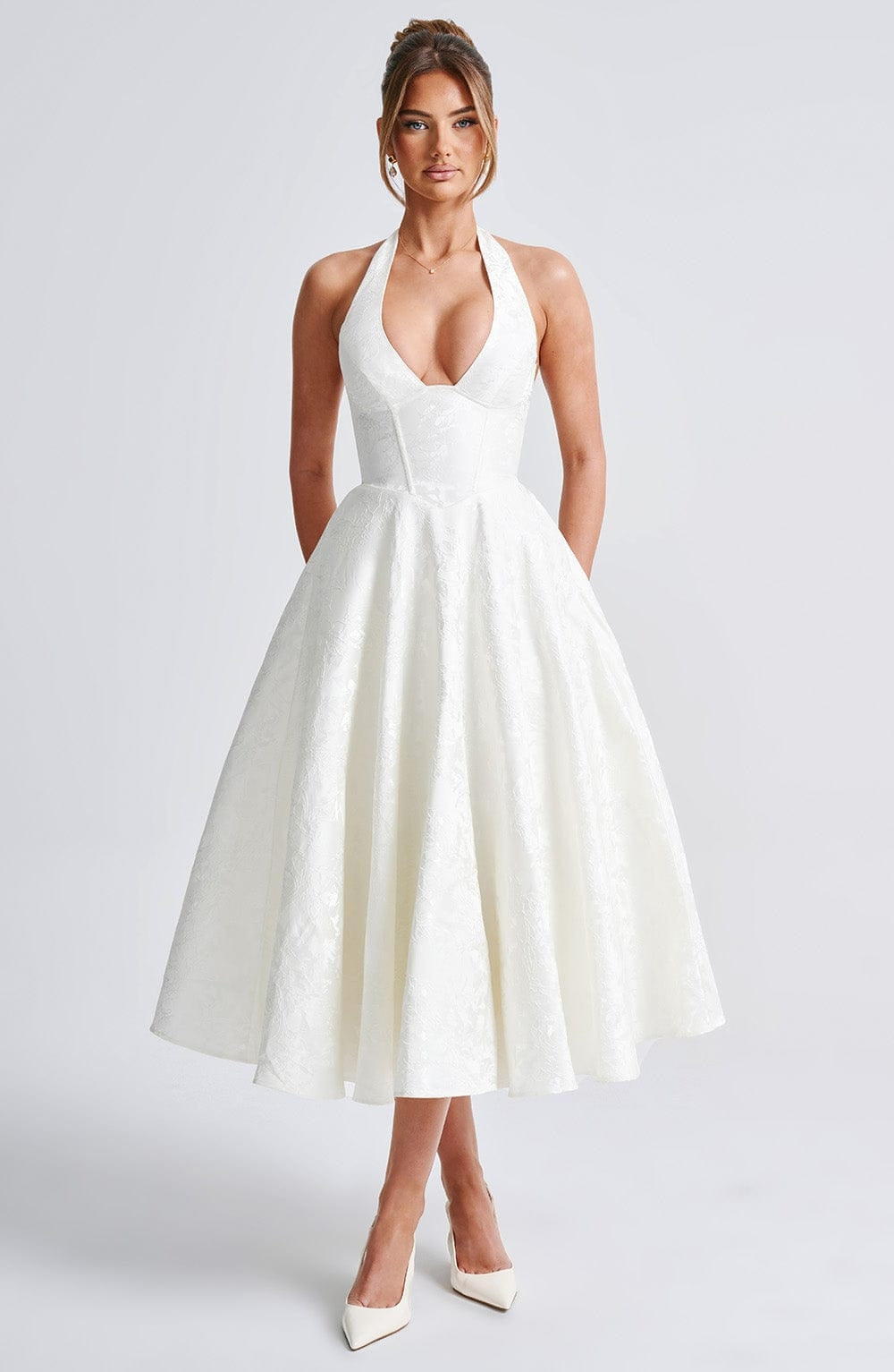 Flared Floral Jacquard Wedding Guest Midi Dress with Halter Neck for Women